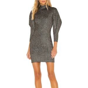 ALC Samuel Puff Sleeve Mini Dress Black Gold Lurex Metallic Turtleneck SZ L